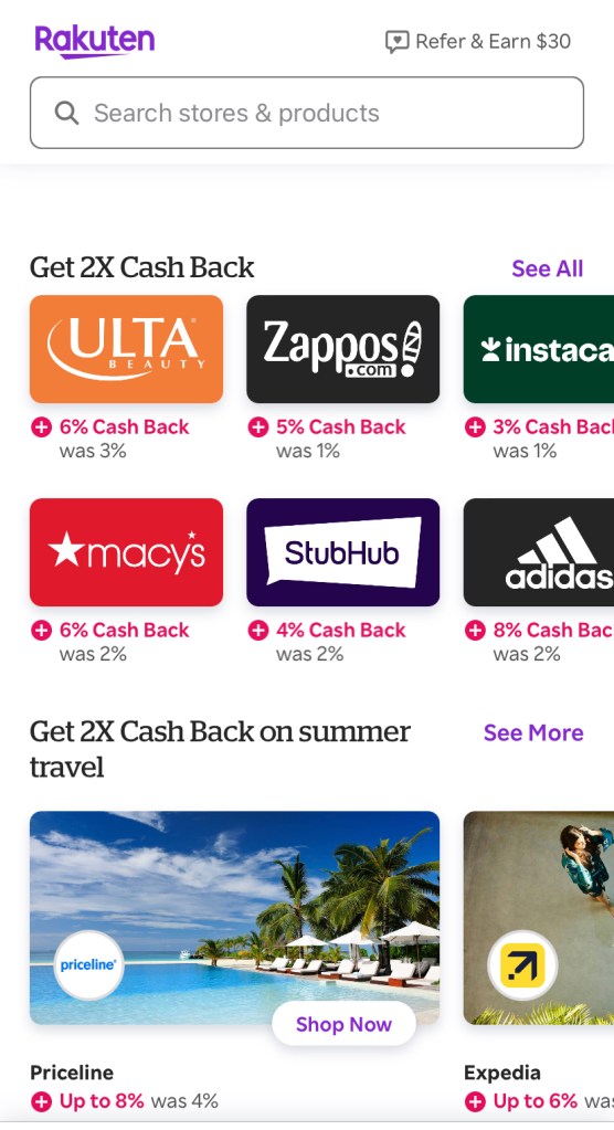 Rakuten dashboard page on the app with cash back and search functions displayed